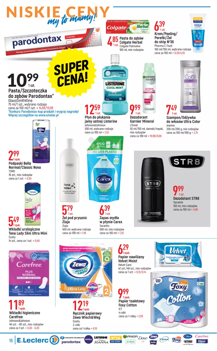 Gazetka promocyjna E Leclerc - ważna 21.06 do 02.07.2022 - strona 16 - produkty: Bell, Bella, Carefree, Cars, Colgate, Dezodorant, Dove, Foxy, Garnier, Gra, Joanna, LG, Listerine, Mleko, Mola, Palmolive, Papier, Papier toaletowy, Parodontax, Pasta do zębów, Peeling, Płyn do płukania, Płyn do płukania jamy ustnej, Podpaski, Ręcznik, Rolki, Str8, Szampon, Szczoteczka, Szczoteczka do zębów, Velvet, Wkładki, Wkładki urologiczne, Ziaja