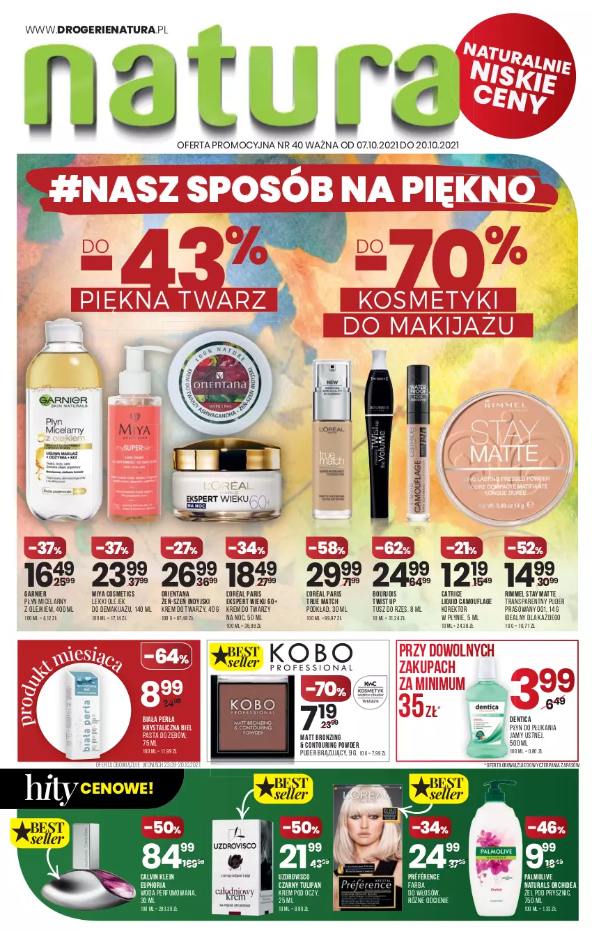 Gazetka promocyjna Drogerie Natura - Gazetka Drogerie Natura - ważna 07.10 do 20.10.2021 - strona 1 - produkty: Bourjois, Calvin Klein, Catrice, Fa, Farba do włosów, Garnier, Krem do twarzy, Krem pod oczy, Makijaż, Miya Cosmetics, Olej, Olejek do demakijażu, Palmolive, Pasta do zębów, Perfum, Perła, Płyn do płukania, Płyn micelarny, Podkład, Puder, Puder prasowany, Tran, Tulipan, Tusz, Woda, Woda perfumowana