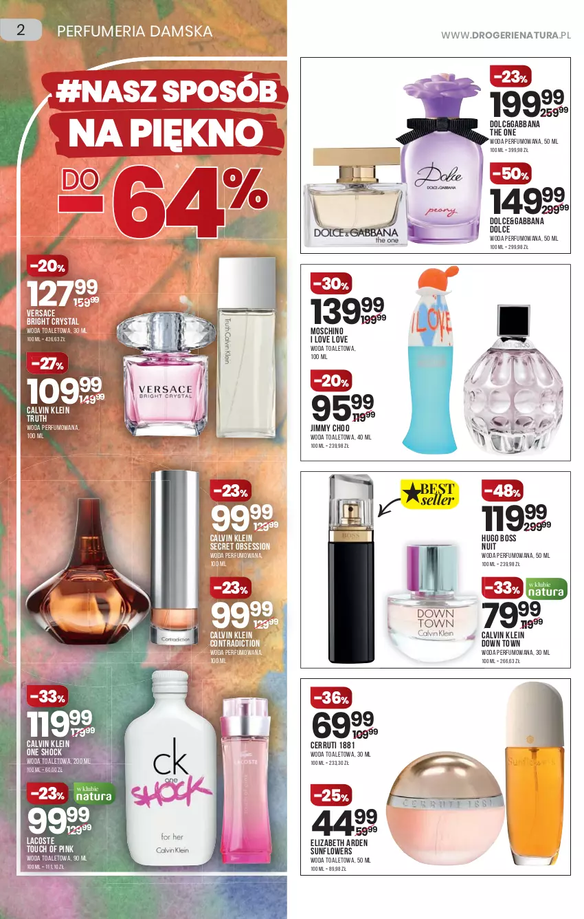 Gazetka promocyjna Drogerie Natura - Gazetka Drogerie Natura - ważna 07.10 do 20.10.2021 - strona 2 - produkty: Calvin Klein, Cerruti, Elizabeth Arden, Hugo Boss, Jimmy Choo, Lacoste, Moschino, Perfum, SESSIO, The ONE, Versace, Woda, Woda perfumowana, Woda toaletowa