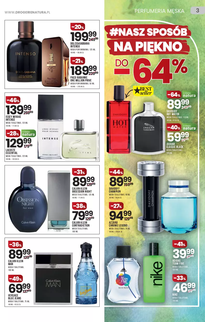 Gazetka promocyjna Drogerie Natura - Gazetka Drogerie Natura - ważna 07.10 do 20.10.2021 - strona 3 - produkty: Adidas, Azzaro, Calvin Klein, Davidoff, Jaguar, Lack, Lacoste, Lion, Nike, Paco Rabanne, Perfum, SESSIO, Versace, Woda, Woda perfumowana, Woda toaletowa