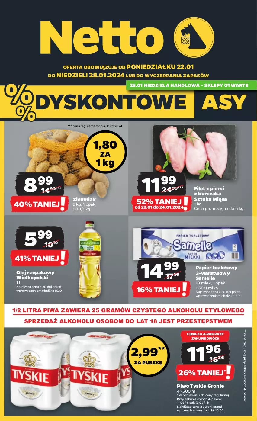 Gazetka promocyjna Netto - Artykuły spożywcze - ważna 22.01 do 28.01.2024 - strona 1 - produkty: Gra, Kurczak, Olej, Olej rzepakowy, Papier, Papier toaletowy, Piwa, Piwo, Tyskie