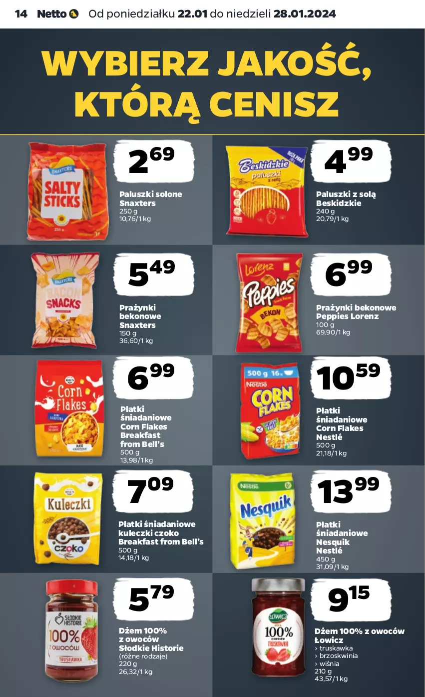 Gazetka promocyjna Netto - Artykuły spożywcze - ważna 22.01 do 28.01.2024 - strona 14 - produkty: Beko, Bell, Beskidzki, Corn flakes, Danio, Dżem, Fa, Lorenz, Nesquik, Nestlé