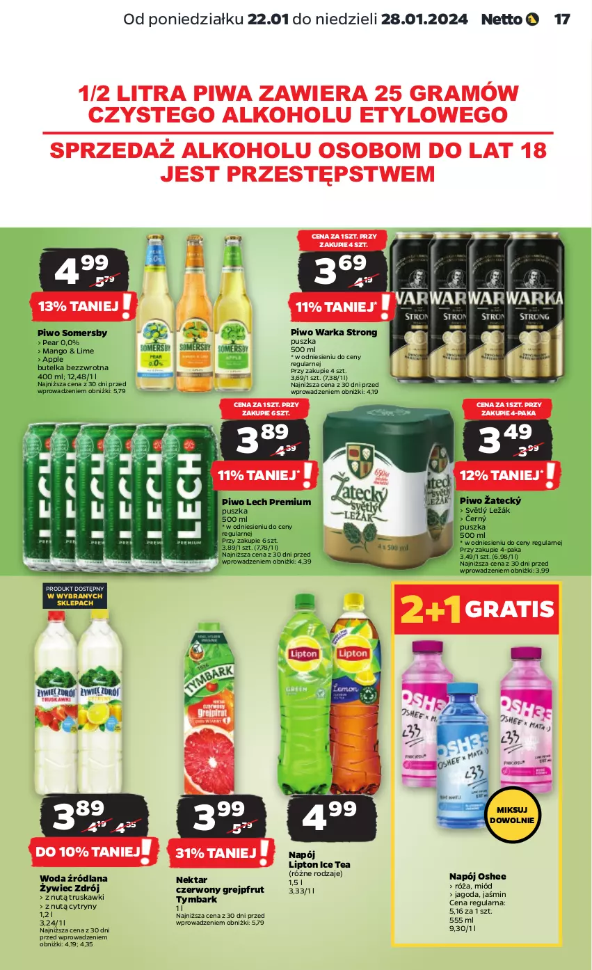 Gazetka promocyjna Netto - Artykuły spożywcze - ważna 22.01 do 28.01.2024 - strona 17 - produkty: Cytryny, Gra, Grejpfrut, Ice tea, LANA, Lech Premium, Lipton, Mango, Miód, Napój, Nektar, Oshee, Piwa, Piwo, Róża, Somersby, Truskawki, Tymbark, Warka, Woda