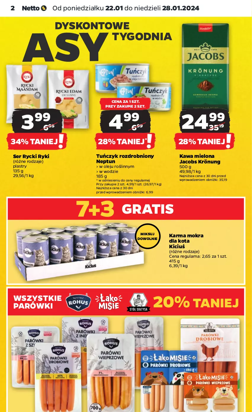 Gazetka promocyjna Netto - Artykuły spożywcze - ważna 22.01 do 28.01.2024 - strona 2 - produkty: Gra, Jacobs, Jacobs Krönung, Kawa, Kawa mielona, Olej, Parówki, Ser, Tuńczyk