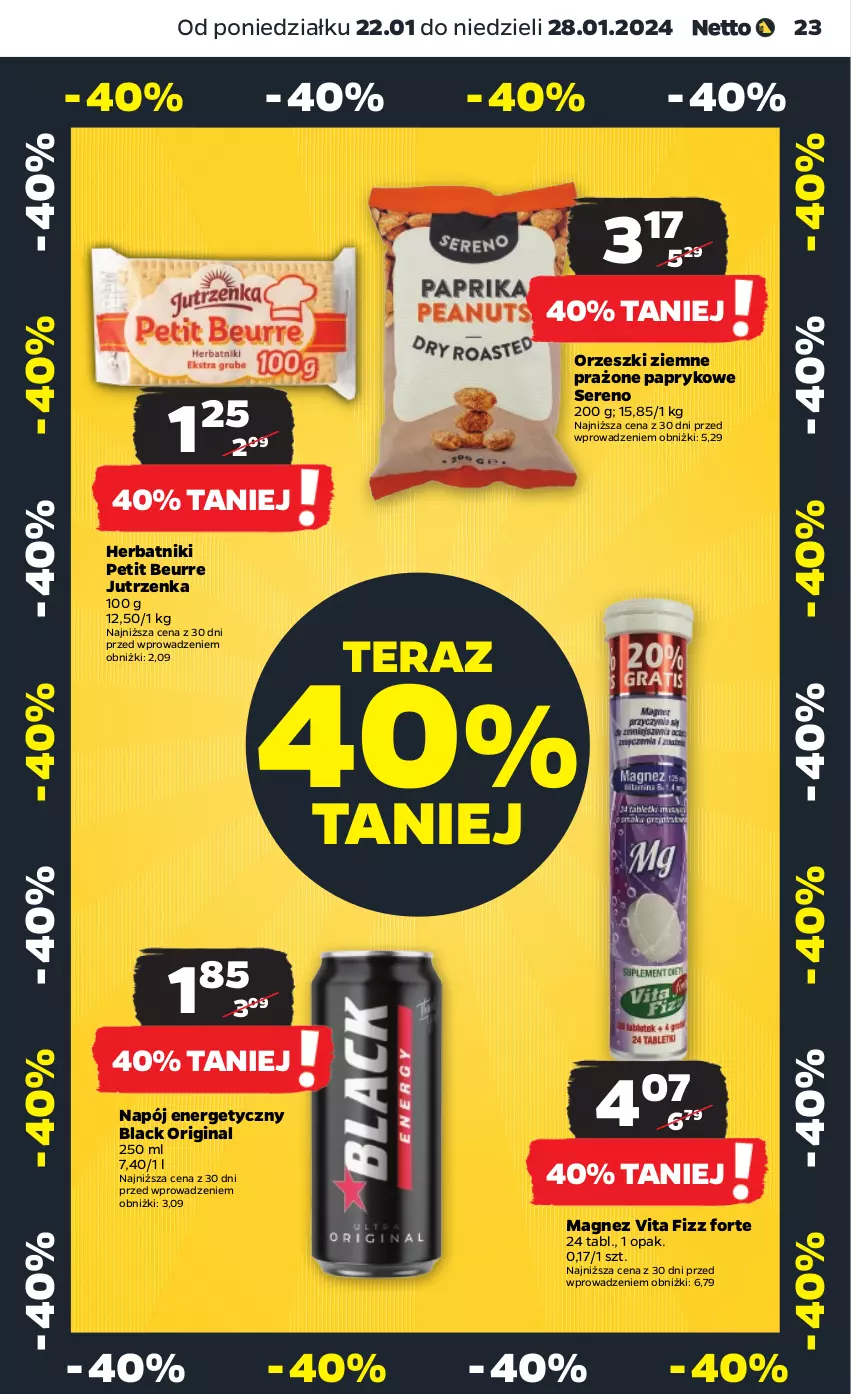 Gazetka promocyjna Netto - Artykuły spożywcze - ważna 22.01 do 28.01.2024 - strona 23 - produkty: Gin, Herbatniki, Herbatniki Petit Beurre, Jutrzenka, Lack, Magnez, Napój, Napój energetyczny, Orzeszki, Orzeszki ziemne, Ser, Tera