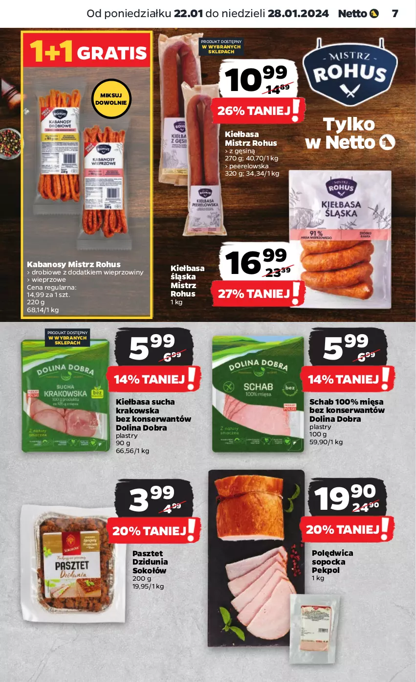 Gazetka promocyjna Netto - Artykuły spożywcze - ważna 22.01 do 28.01.2024 - strona 7 - produkty: Kabanos, Kiełbasa, Kiełbasa śląska, Pasztet, Pekpol, Polędwica, Ser, Sok, Sokołów