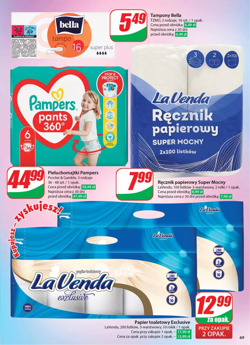 Gazetka promocyjna Dino - Gazetka 43 / 2024 - ważna 23.10 do 29.10.2024 - strona 69 - produkty: Bell, Bella, Fa, HP, Majtki, Pampers, Papier, Papier toaletowy, Pieluchomajtki, Ręcznik, Rolki, Tampony