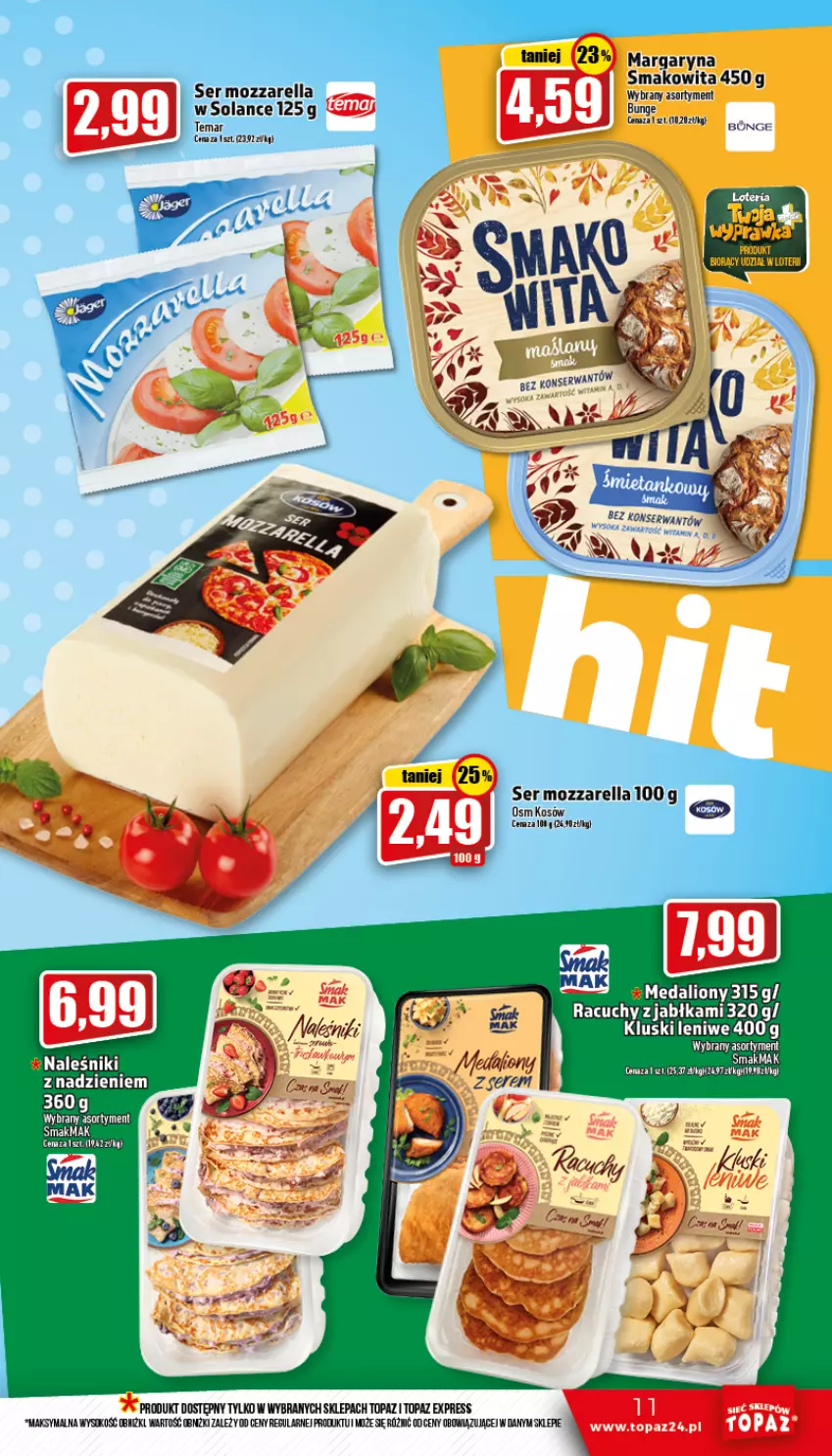 Gazetka promocyjna Topaz - Gazetka - ważna 22.09 do 28.09.2022 - strona 11 - produkty: Jabłka, Lion, Margaryna, Mozzarella, Naleśniki, Ser, Smakowita, Sok, Solan, Top