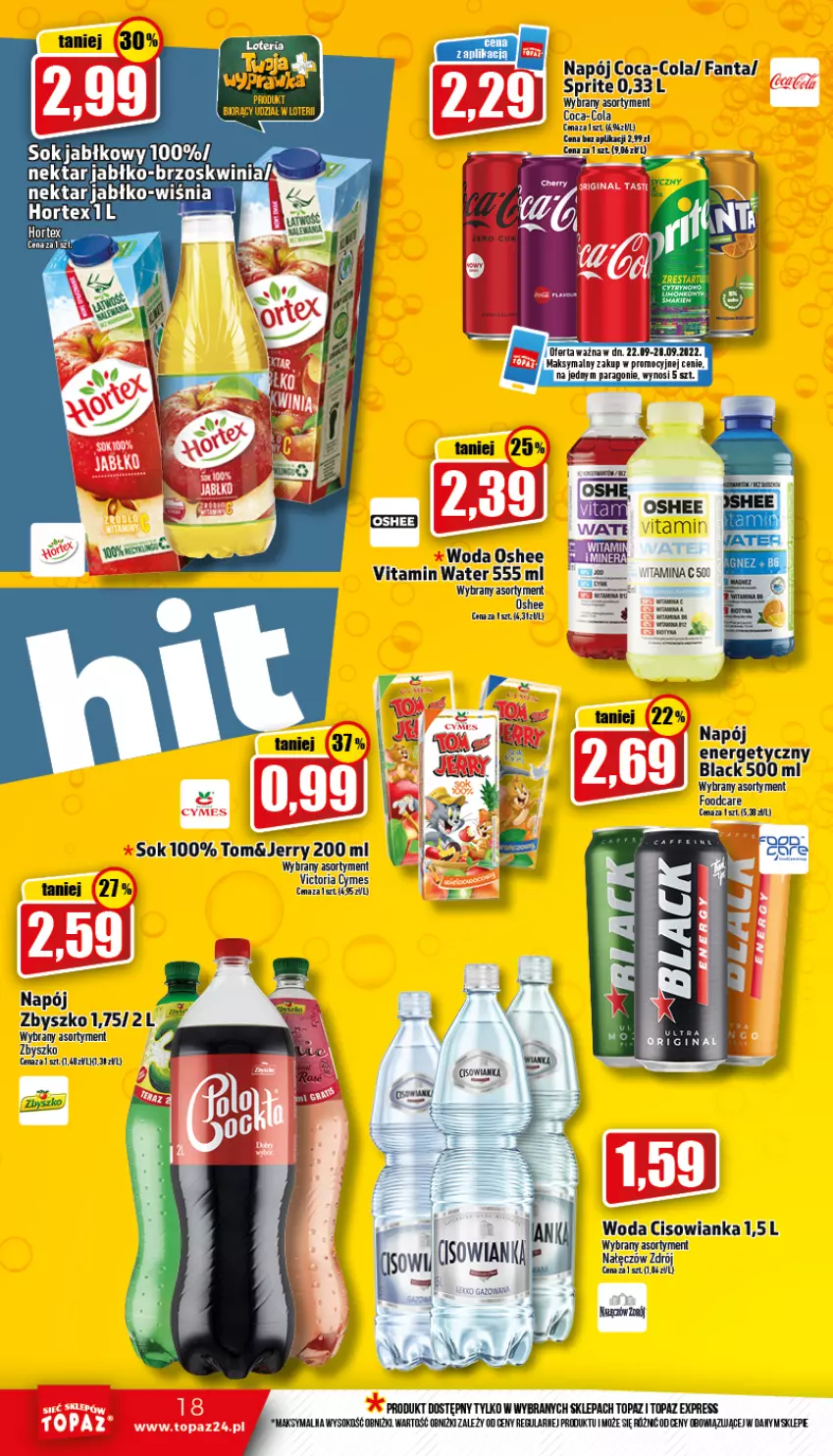 Gazetka promocyjna Topaz - Gazetka - ważna 22.09 do 28.09.2022 - strona 18 - produkty: Cisowianka, Coca-Cola, Fa, Fanta, Hortex, Lack, Napój, Nektar, Oshee, Sok, Sprite, Top, Woda