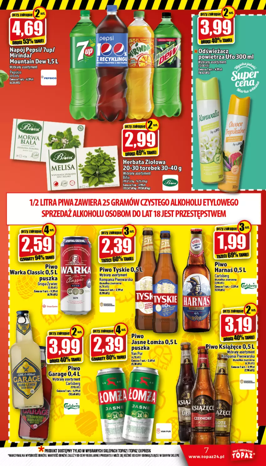 Gazetka promocyjna Topaz - Gazetka - ważna 22.09 do 28.09.2022 - strona 7 - produkty: Carlsberg, Harnaś, Herbata, Piwo, Pur, Sok, Top, Warka