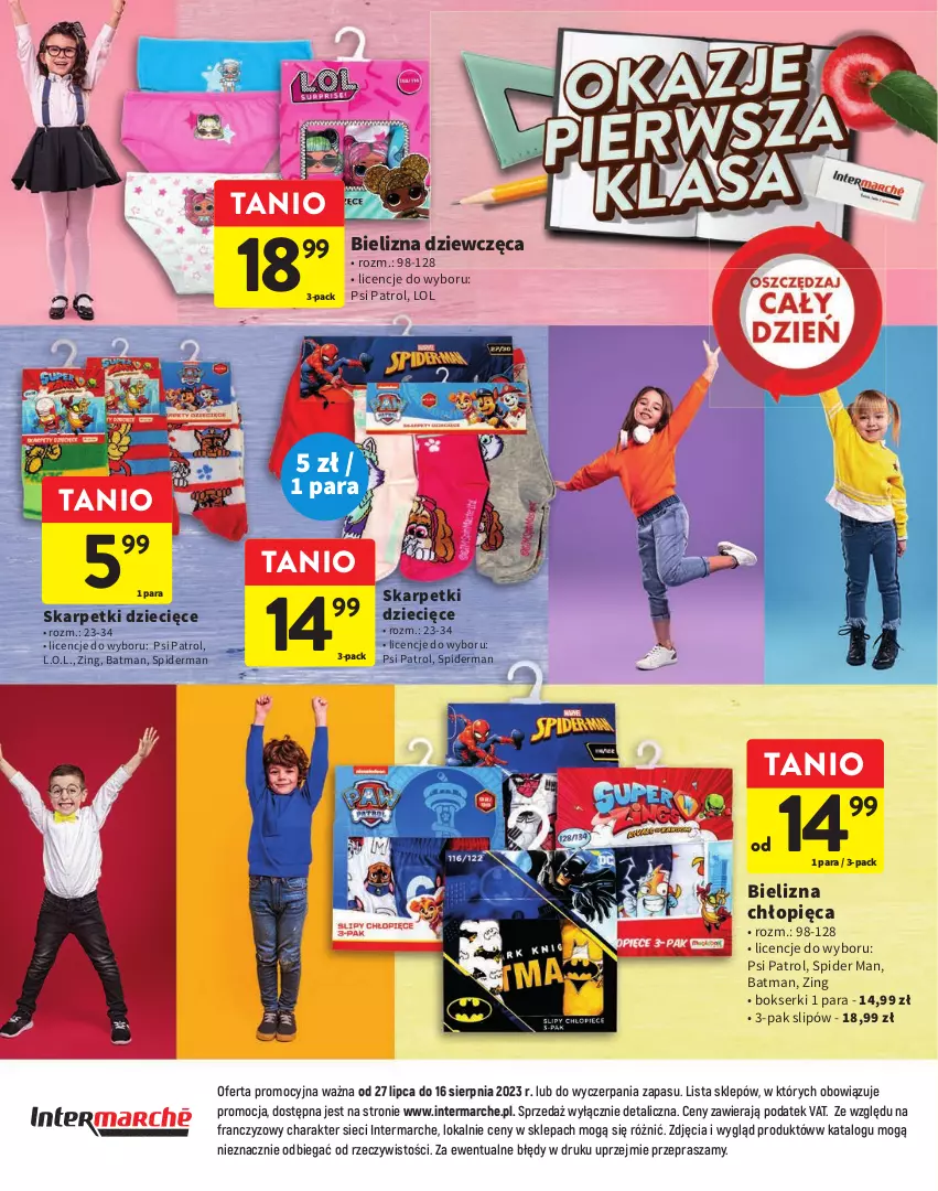 Gazetka promocyjna Intermarche - Gazetka Intermarche - ważna 27.07 do 16.08.2023 - strona 12 - produkty: Bielizna, Bokserki, Dzieci, Karp, L.O.L., Psi Patrol, Ser, Skarpetki, Spiderman