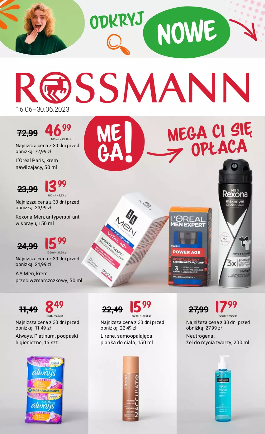 Gazetka promocyjna Rossmann - 16 czerwca - ważna 16.06 do 30.06.2023 - strona 1 - produkty: Always, Antyperspirant, Krem nawilżający, Krem przeciwzmarszczkowy, L’Oréal, Lirene, Mars, Neutrogena, Podpaski, Rexona