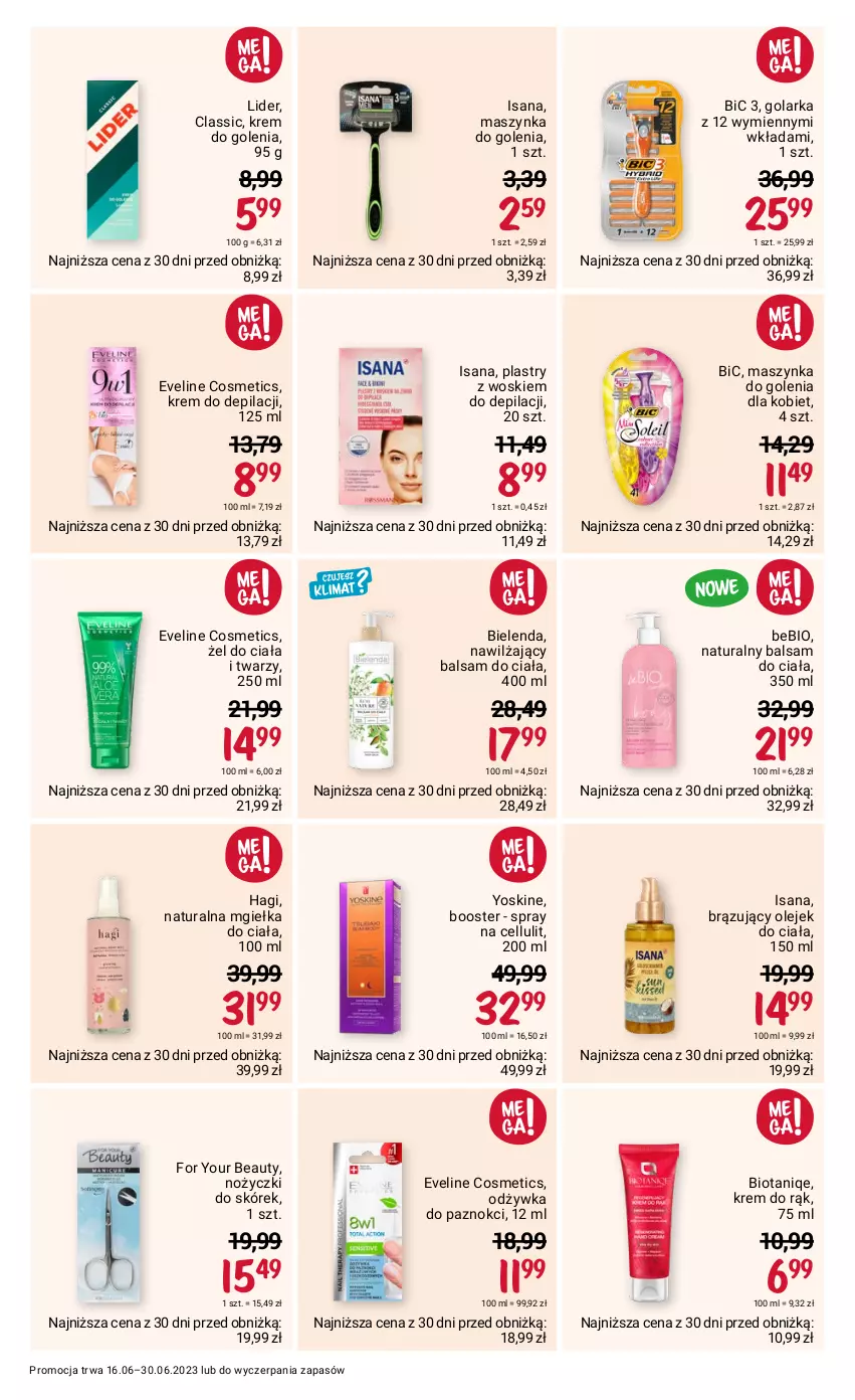 Gazetka promocyjna Rossmann - 16 czerwca - ważna 16.06 do 30.06.2023 - strona 2 - produkty: Balsam do ciała, BIC, Bielenda, Booster, Eveline, For Your Beauty, Golarka, Isana, Krem do depilacji, Krem do golenia, Krem do rąk, Maszynka, Maszynka do golenia, Nawilżający balsam, Noż, Nożyczki, Odżywka, Olej, Olejek do ciała, Szynka, Yoskine