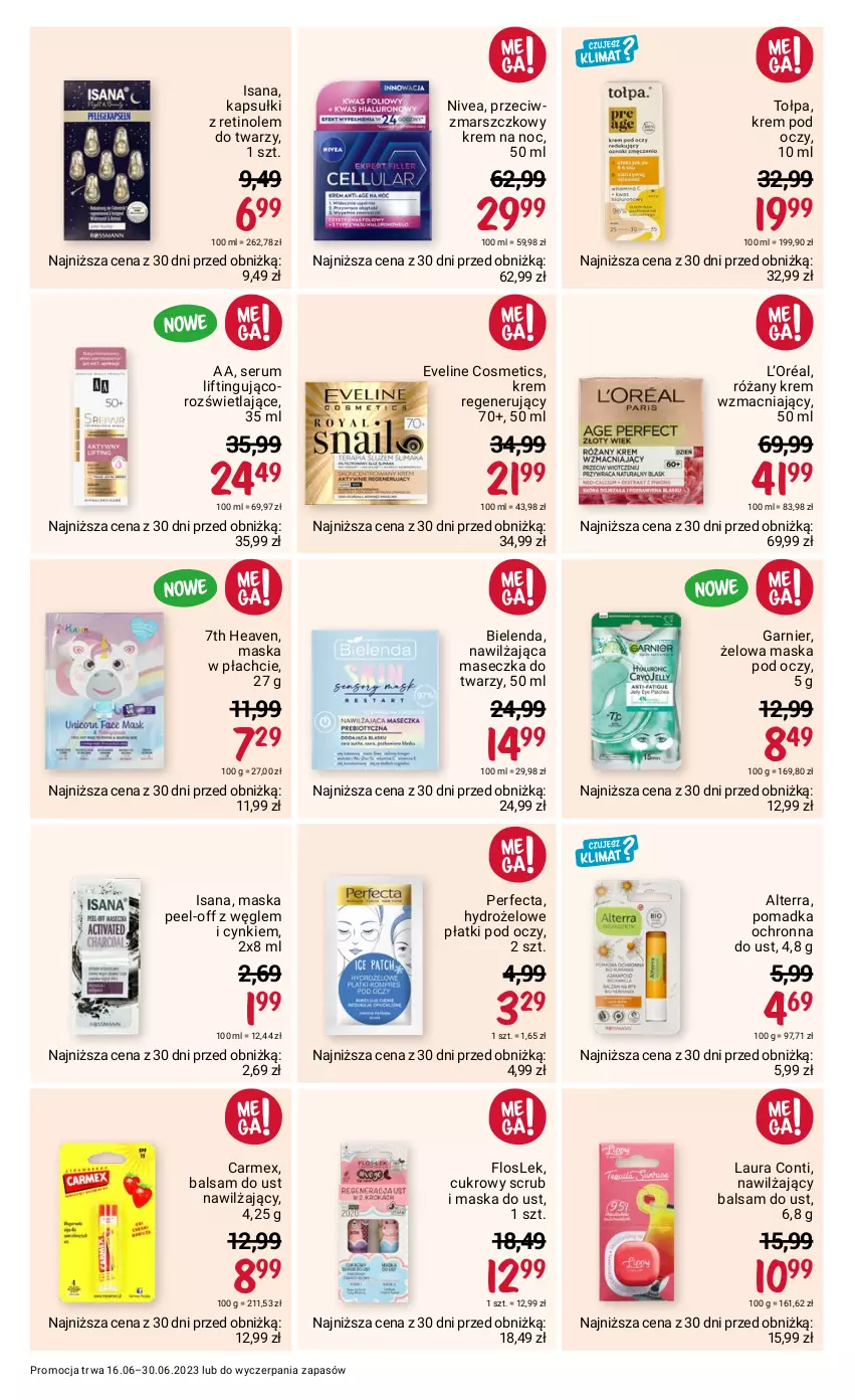 Gazetka promocyjna Rossmann - 16 czerwca - ważna 16.06 do 30.06.2023 - strona 5 - produkty: Alterra, Balsam do ust, Bielenda, Cynk, Eveline, Garnier, Hydrożelowe płatki pod oczy, Isana, Krem na noc, Krem pod oczy, Krem regenerujący, L’Oréal, Laur, Laura Conti, Mars, Maska, Maska w płachcie, Nawilżający balsam, Nivea, Perfecta, Róża, Rum, Ser, Serum, Tołpa