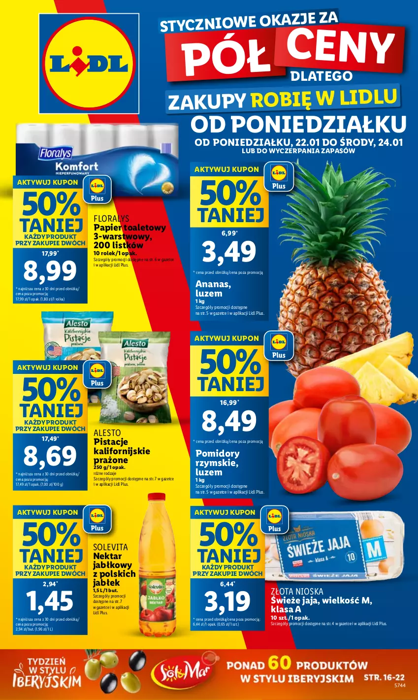 Gazetka promocyjna Lidl - GAZETKA - ważna 22.01 do 24.01.2024 - strona 1 - produkty: Ananas, Flora, Jaja, Nektar, Papier, Papier toaletowy, Pistacje, Pomidory