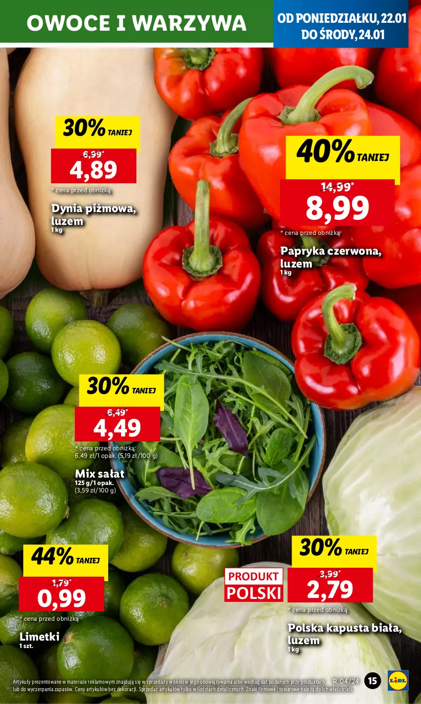 Gazetka promocyjna Lidl - GAZETKA - ważna 22.01 do 24.01.2024 - strona 15 - produkty: Owoce, Papryka, Papryka czerwona, Sałat, Warzywa