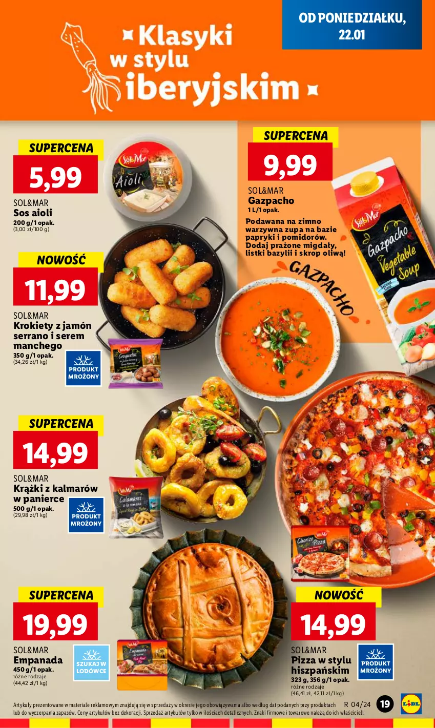 Gazetka promocyjna Lidl - GAZETKA - ważna 22.01 do 24.01.2024 - strona 19 - produkty: Bazyl, Jamón serrano, Kalmar, Krokiety, Migdały, Pizza, Ser, Sos, Zupa