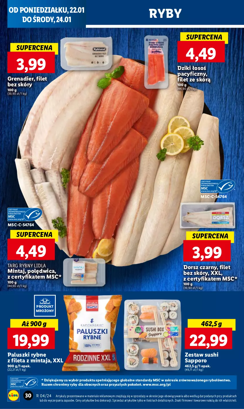 Gazetka promocyjna Lidl - GAZETKA - ważna 22.01 do 24.01.2024 - strona 32 - produkty: Dorsz, Grenadier, Mintaj, Paluszki rybne, Polędwica, Por, Sushi