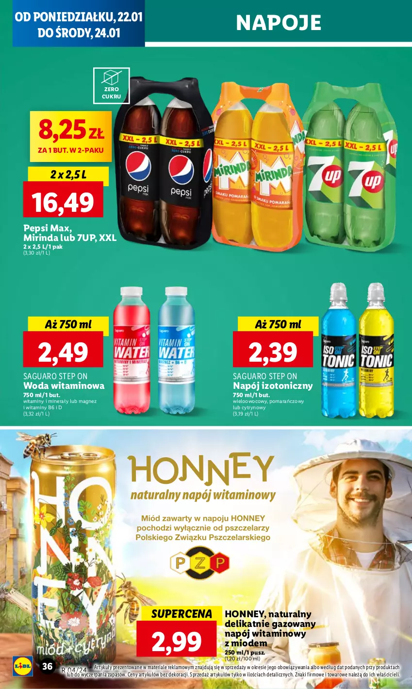 Gazetka promocyjna Lidl - GAZETKA - ważna 22.01 do 24.01.2024 - strona 38 - produkty: 7up, Magnez, Mirinda, Napój, Napój izotoniczny, Napoje, Pepsi, Pepsi max, Woda