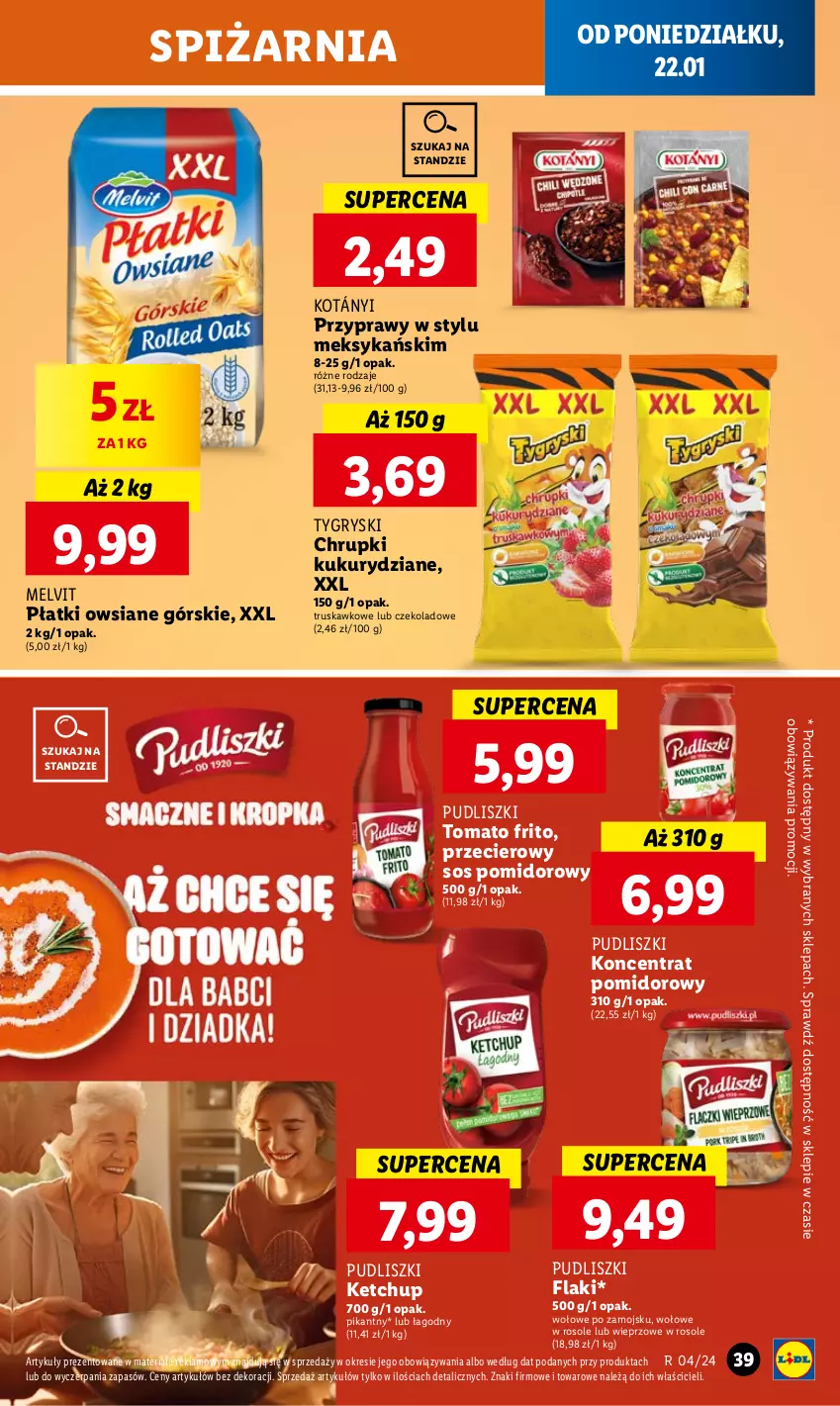 Gazetka promocyjna Lidl - GAZETKA - ważna 22.01 do 24.01.2024 - strona 41 - produkty: Chrupki, Flaki, Ketchup, Koncentrat pomidorowy, Melvit, Płatki owsiane, Przyprawy, Pudliszki, Sos, Sos pomidorowy