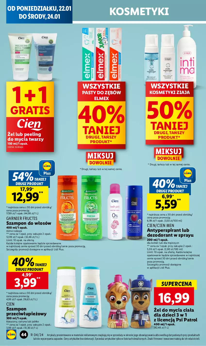 Gazetka promocyjna Lidl - GAZETKA - ważna 22.01 do 24.01.2024 - strona 46 - produkty: Antyperspirant, Dezodorant, Dzieci, Elmex, Fructis, Garnier, Gra, Olej, Peeling, Psi Patrol, Szampon, Ziaja