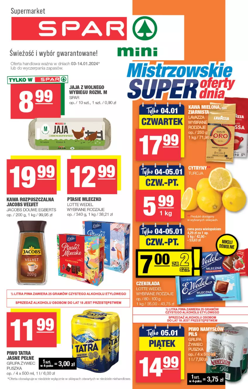 Gazetka promocyjna Spar - Spar-Mini - ważna 01.01 do 11.01.2024 - strona 1 - produkty: Jacobs, Jacobs Velvet, Kawa, Kawa rozpuszczalna, Mleczko, Piwo, Ptasie mleczko, Tatra, Velvet