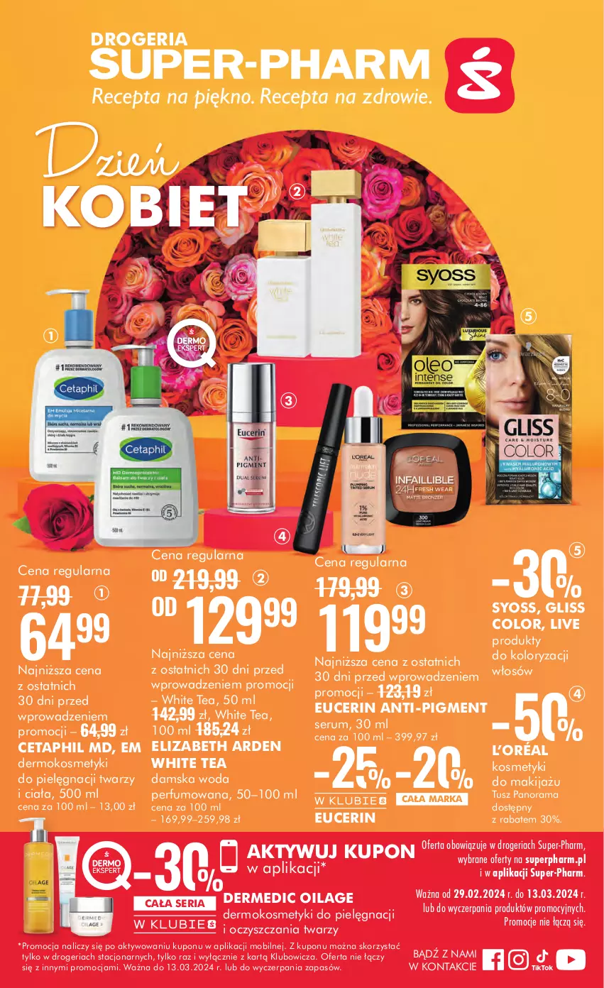 Gazetka promocyjna Super Pharm - Gazetka - ważna 29.02 do 13.03.2024 - strona 1 - produkty: Cetaphil, Dermedic, Elizabeth Arden, Kosmetyki do pielęgnacji, L’Oréal, Makijaż, Mobil, Perfum, Rama, Rum, Ser, Serum, Syoss, Tusz, Woda, Woda perfumowana