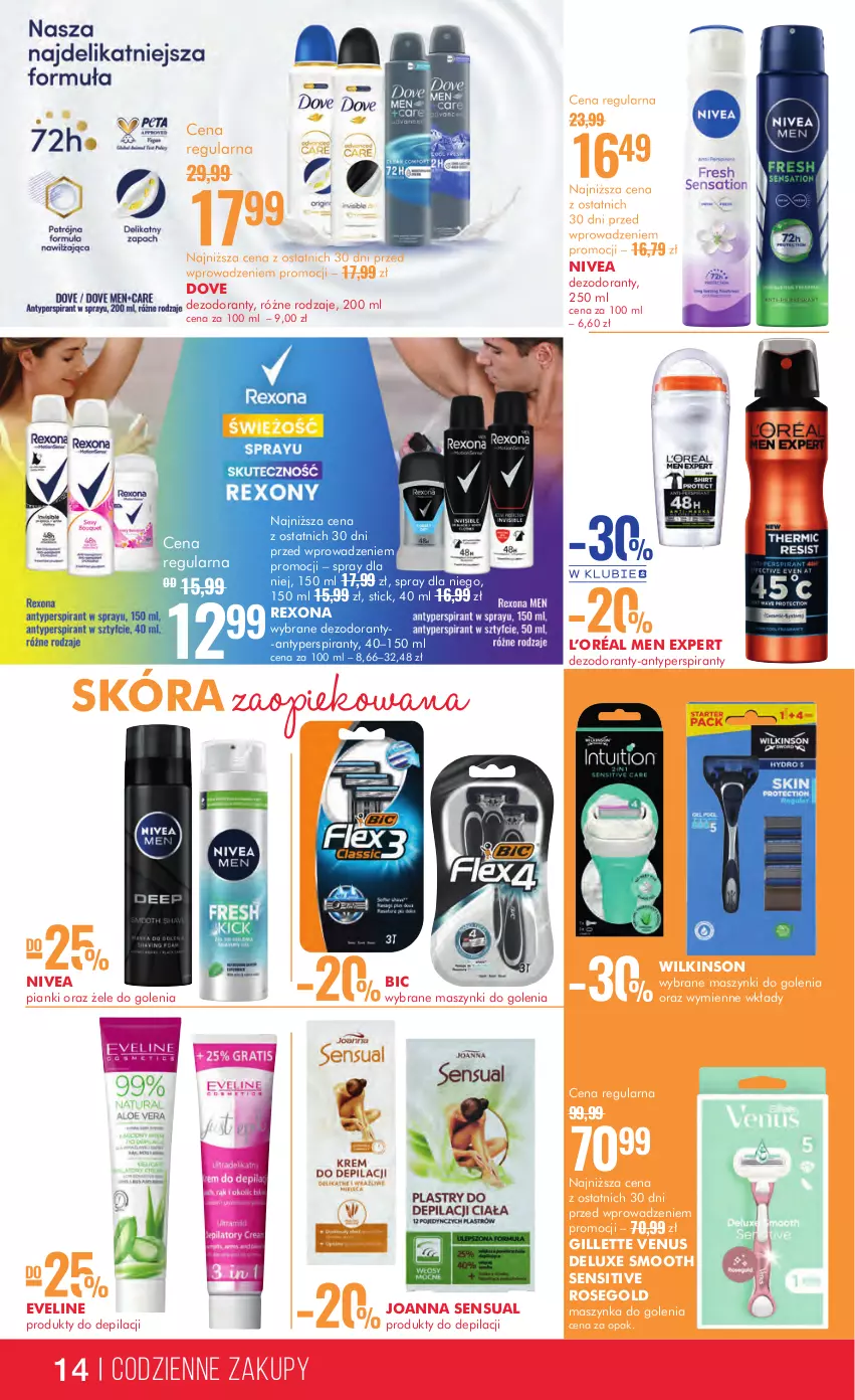 Gazetka promocyjna Super Pharm - Gazetka - ważna 29.02 do 13.03.2024 - strona 14 - produkty: Antyperspirant, BIC, Dezodorant, Dove, Eveline, Gillette, Gillette Venus, Joanna, L’Oréal, Maszynka, Maszynka do golenia, Nivea, Rexona, Sensual, Szynka, Venus