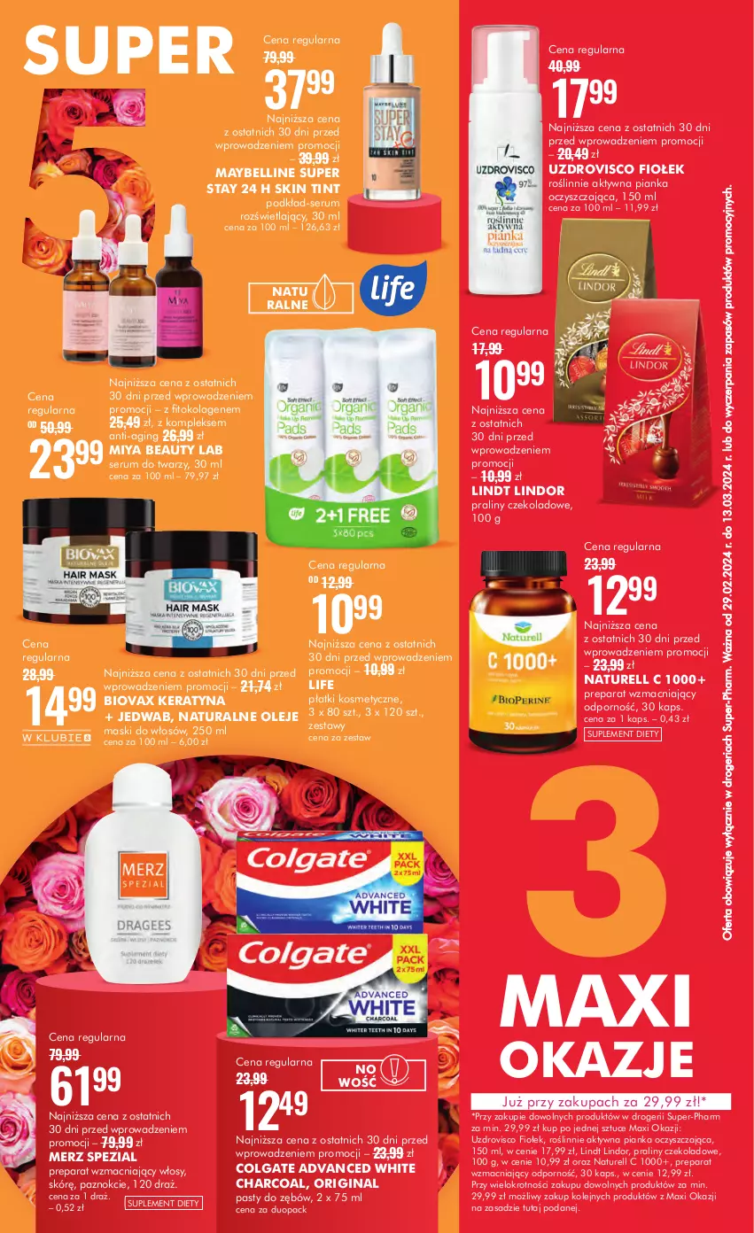 Gazetka promocyjna Super Pharm - Gazetka - ważna 29.02 do 13.03.2024 - strona 2 - produkty: Bell, Biovax, Colgate, Gin, Kolagen, LG, Lindor, Lindt, Maybelline, Merz Spezial, Naturell, Olej, Płatki kosmetyczne, Podkład, Por, Praliny, Rum, Ser, Serum, Serum do twarzy, Suplement diety