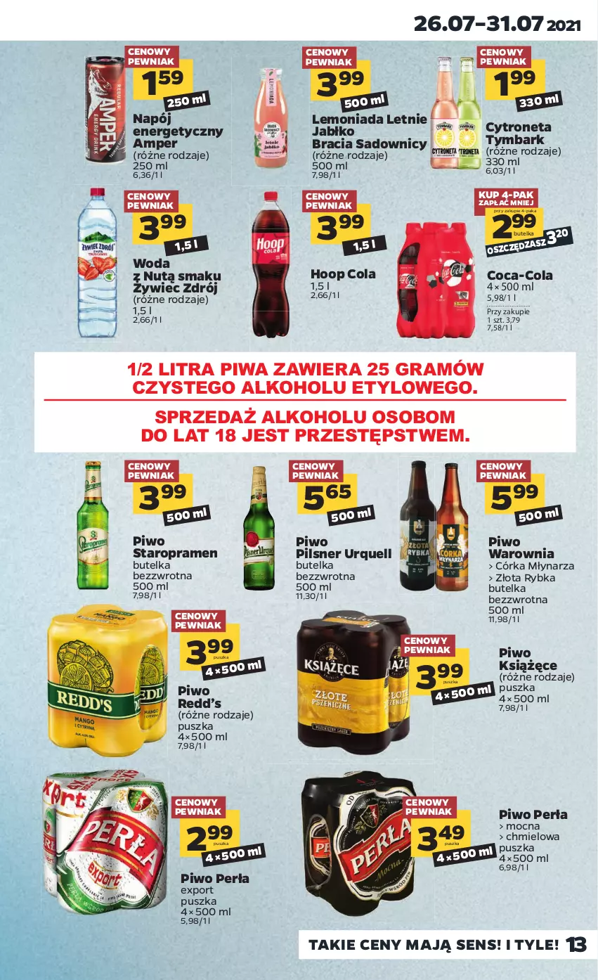 Gazetka promocyjna Netto - Gazetka spożywcza - ważna 26.07 do 31.07.2021 - strona 13 - produkty: Coca-Cola, Gra, Hoop, Książęce, Lemoniada, Napój, Napój energetyczny, Perła, Pilsner Urquell, Piwa, Piwo, Por, Tymbark, Woda