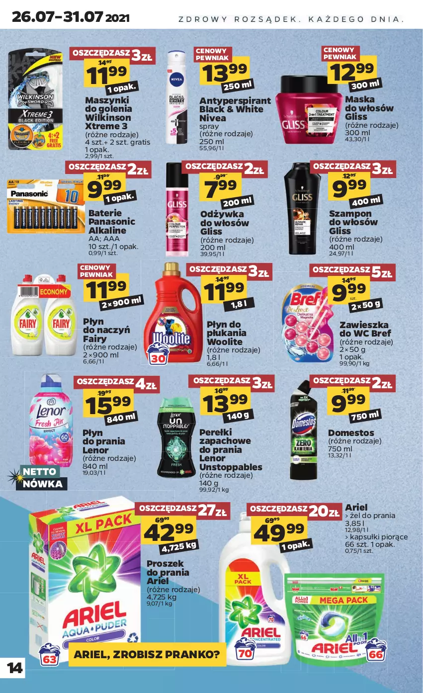 Gazetka promocyjna Netto - Gazetka spożywcza - ważna 26.07 do 31.07.2021 - strona 14 - produkty: Antyperspirant, Ariel, Bref, Domestos, Fa, Fairy, Gra, Lack, Lenor, Maska, Maska do włosów, Nivea, Odżywka, Panasonic, Perełki zapachowe, Płyn do płukania, Płyn do prania, Proszek do prania, Stopp, Szampon, Top, Woolite, Zawieszka do wc