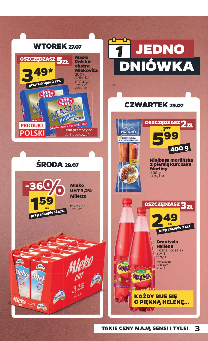 Gazetka promocyjna Netto - Gazetka spożywcza - ważna 26.07 do 31.07.2021 - strona 3 - produkty: Hellena, Kiełbasa, Kurczak, Masło, Mleko, Mlekovita, Morliny, Oranżada