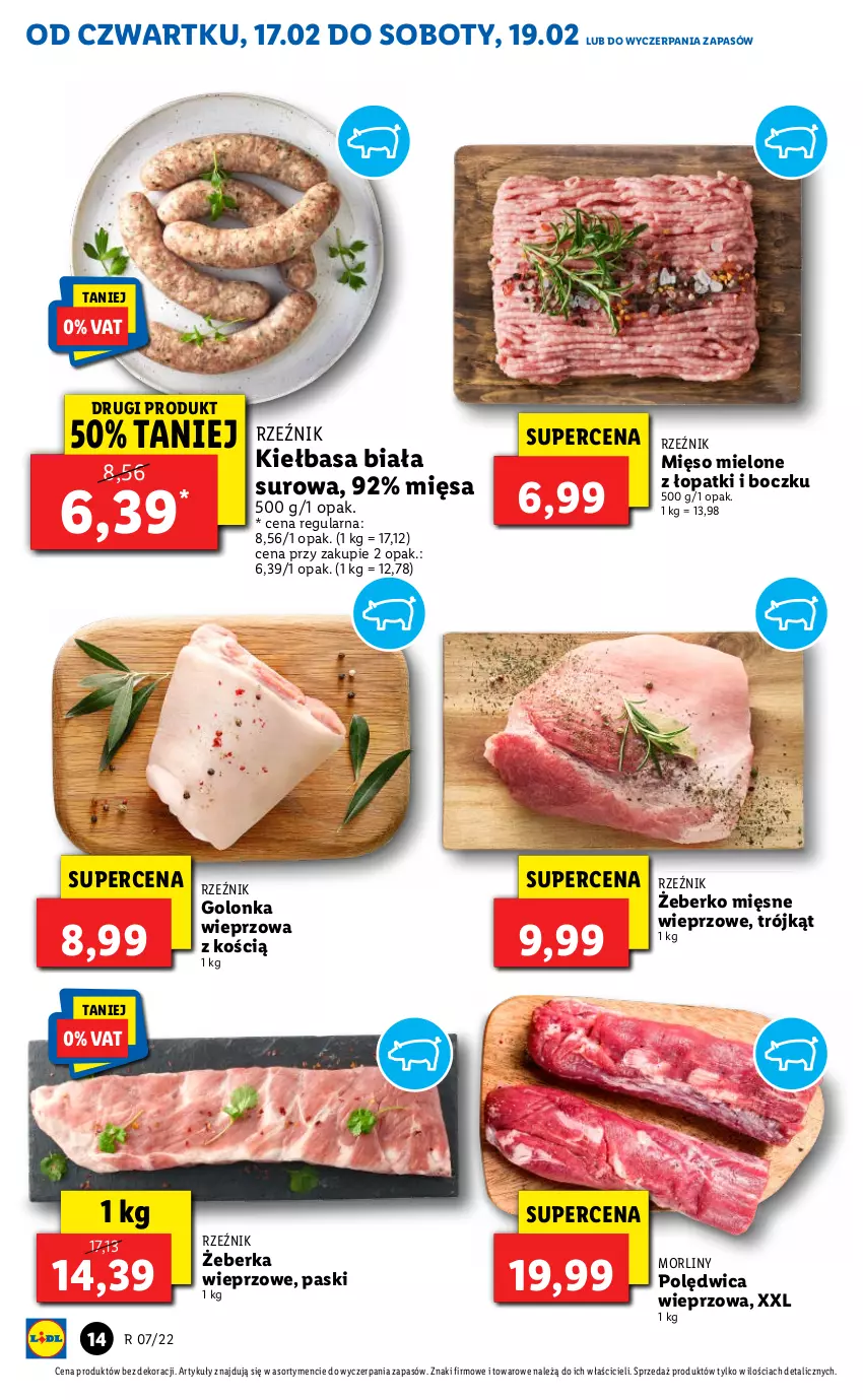 Gazetka promocyjna Lidl - GAZETKA - ważna 17.02 do 19.02.2022 - strona 14 - produkty: Golonka wieprzowa, Kiełbasa, Kiełbasa biała, Mięso, Mięso mielone, Morliny, Polędwica