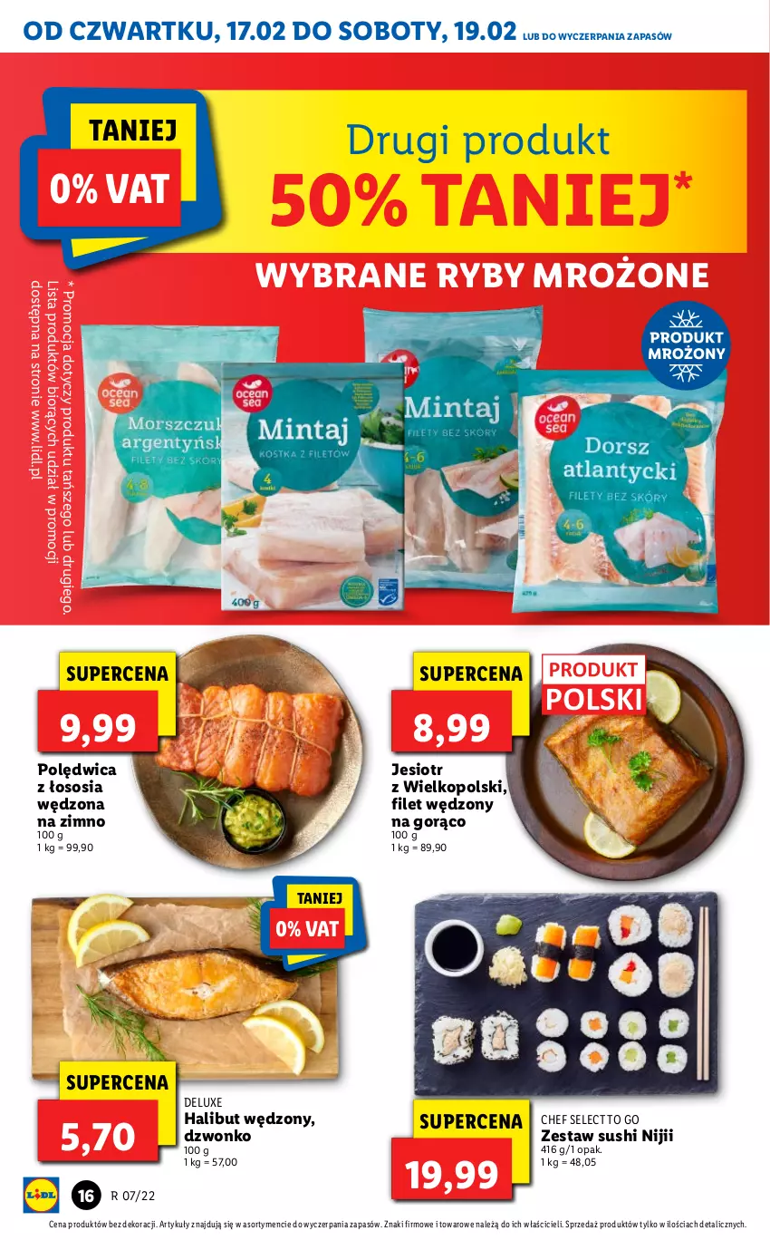 Gazetka promocyjna Lidl - GAZETKA - ważna 17.02 do 19.02.2022 - strona 16 - produkty: Halibut, Polędwica, Sos, Sushi