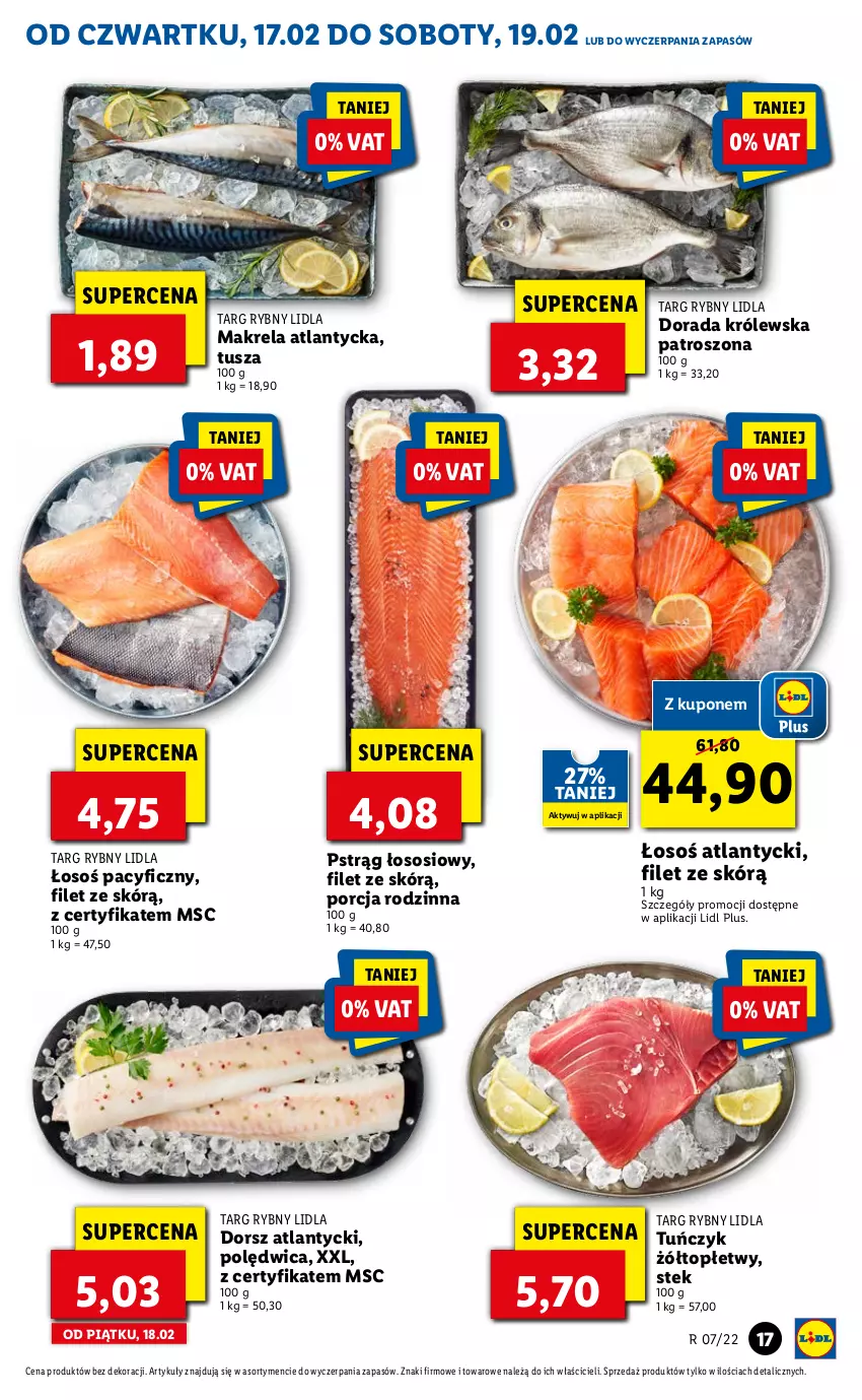 Gazetka promocyjna Lidl - GAZETKA - ważna 17.02 do 19.02.2022 - strona 17 - produkty: Dorsz, Polędwica, Por, Pstrąg, Pstrąg łososiowy, Sos, Stek, Top, Tuńczyk, Tusz