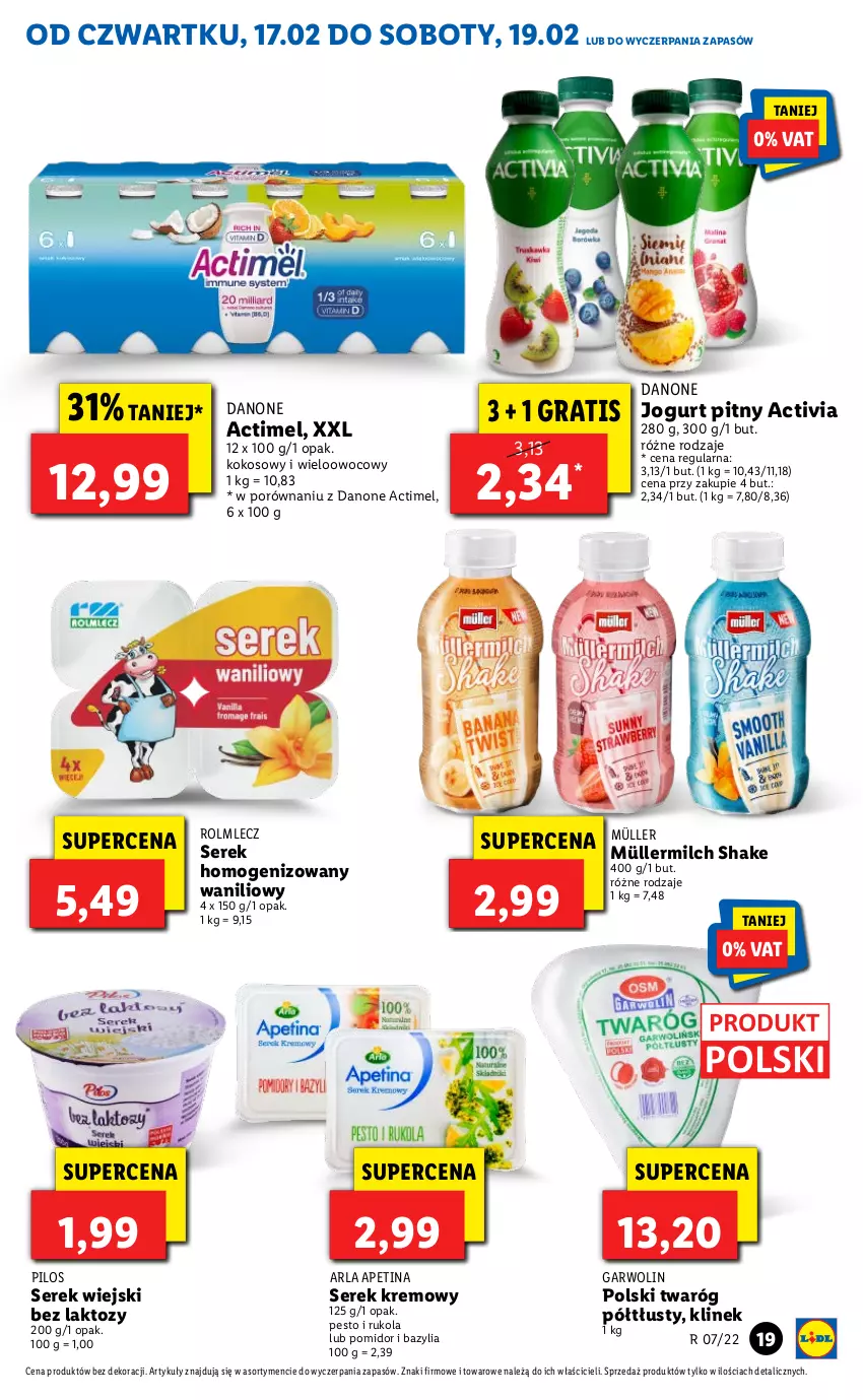 Gazetka promocyjna Lidl - GAZETKA - ważna 17.02 do 19.02.2022 - strona 19 - produkty: Actimel, Activia, Bazyl, Bazylia, Danone, Gra, Jogurt, Jogurt pitny, Kokos, Müller, Müllermilch, Pesto, Pilos, Por, Rolmlecz, Rukola, Ser, Serek, Serek homogenizowany, Serek wiejski, Twaróg, Twaróg półtłusty