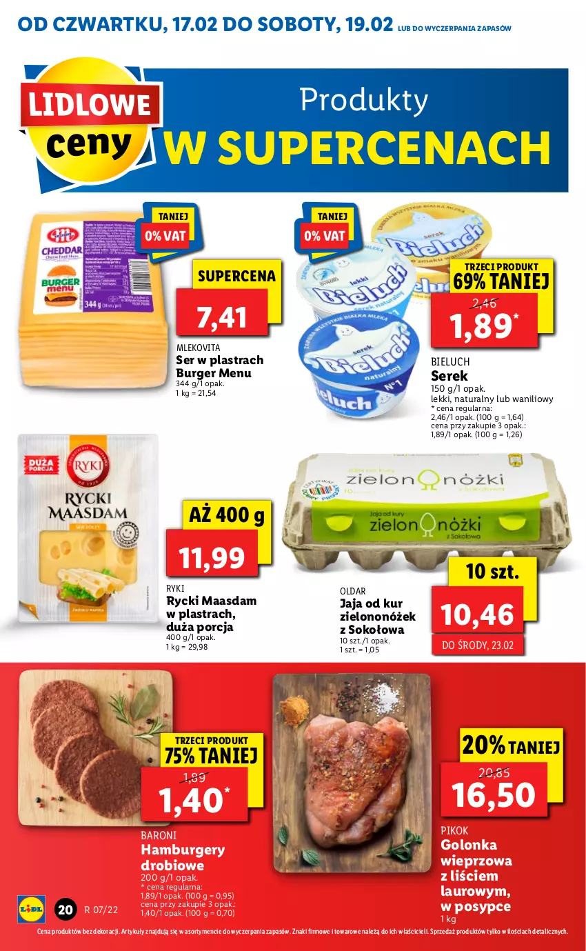 Gazetka promocyjna Lidl - GAZETKA - ważna 17.02 do 19.02.2022 - strona 20 - produkty: Bieluch, Burger, Golonka wieprzowa, Hamburger, Jaja, Laur, Maasdam, Mleko, Mlekovita, PIKOK, Por, Ser, Serek, Sok