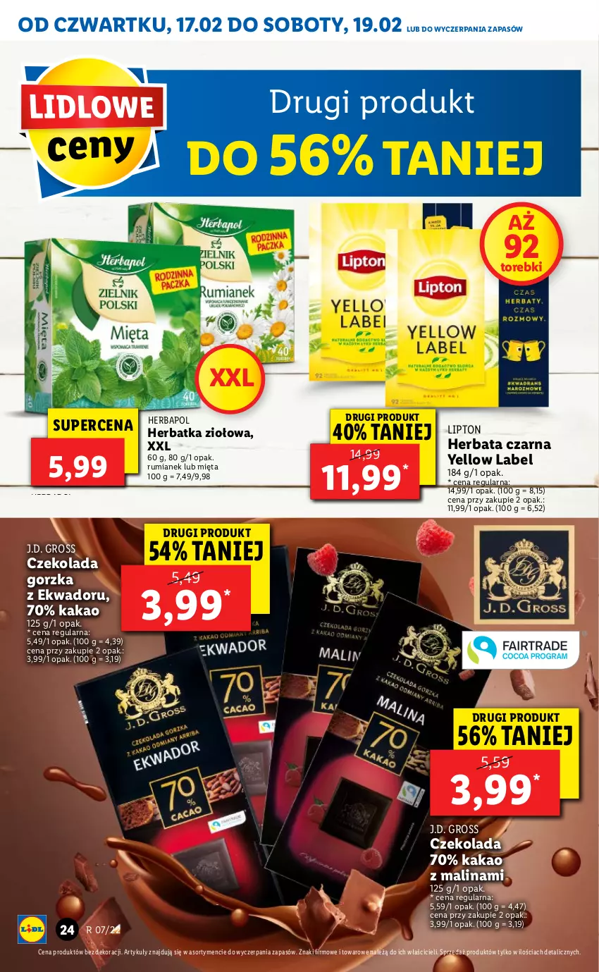 Gazetka promocyjna Lidl - GAZETKA - ważna 17.02 do 19.02.2022 - strona 24 - produkty: Czekolada, Czekolada gorzka, Herbapol, Herbata, Herbata czarna, Kakao, Lipton, Mięta, Rum