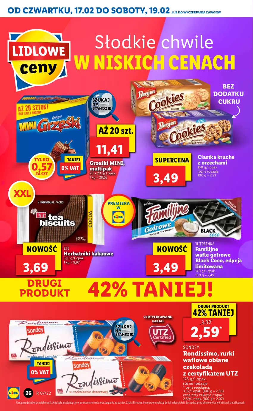 Gazetka promocyjna Lidl - GAZETKA - ważna 17.02 do 19.02.2022 - strona 26 - produkty: Ciastka, Fa, Grześki, Herbatniki, Jutrzenka, Kakao, Lack, Rurki