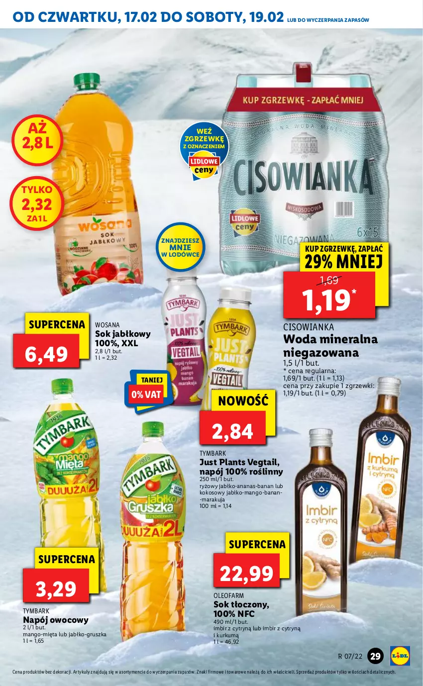 Gazetka promocyjna Lidl - GAZETKA - ważna 17.02 do 19.02.2022 - strona 29 - produkty: Ananas, Cisowianka, Fa, Imbir, Kokos, Mango, Mięta, Napój, Oleo, Oleofarm, Ryż, Sok, Sok jabłkowy, Tymbark, Woda, Woda mineralna, Wosana