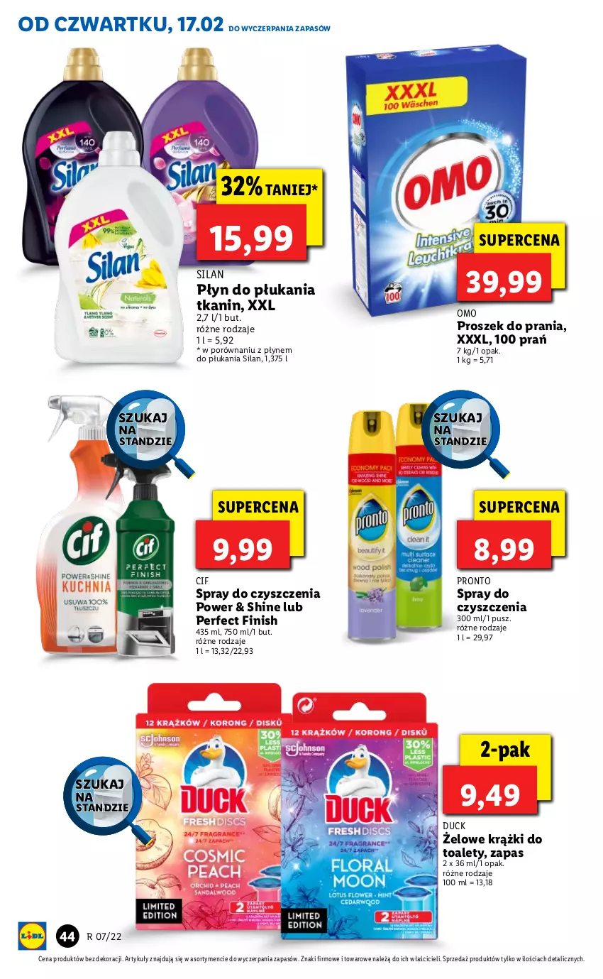 Gazetka promocyjna Lidl - GAZETKA - ważna 17.02 do 19.02.2022 - strona 44 - produkty: Cif, Duck, Finish, Płyn do płukania, Por, Pronto, Proszek do prania, Silan, Spray do czyszczenia