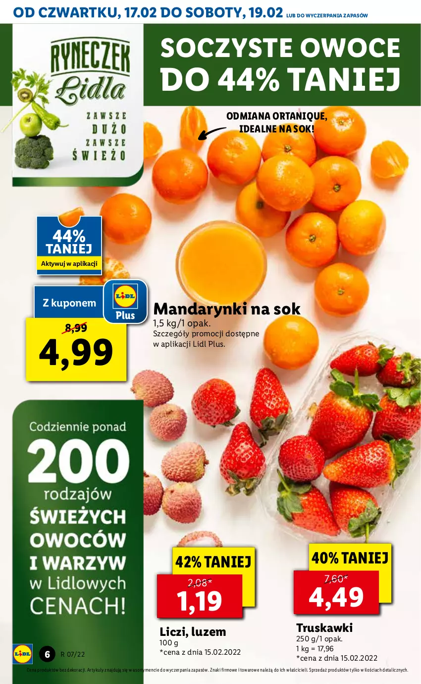 Gazetka promocyjna Lidl - GAZETKA - ważna 17.02 do 19.02.2022 - strona 6 - produkty: Liczi, Mandarynki, Owoce, Sok, Truskawki