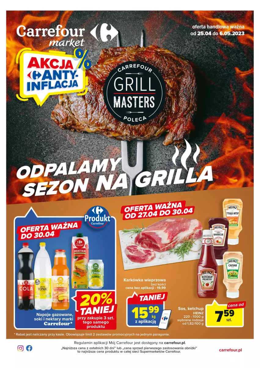 Gazetka promocyjna Carrefour - Gazetka Market - ważna 24.04 do 06.05.2023 - strona 1 - produkty: Heinz, Karkówka wieprzowa, Ketchup, Napoje, Nektar, Sok, Sos