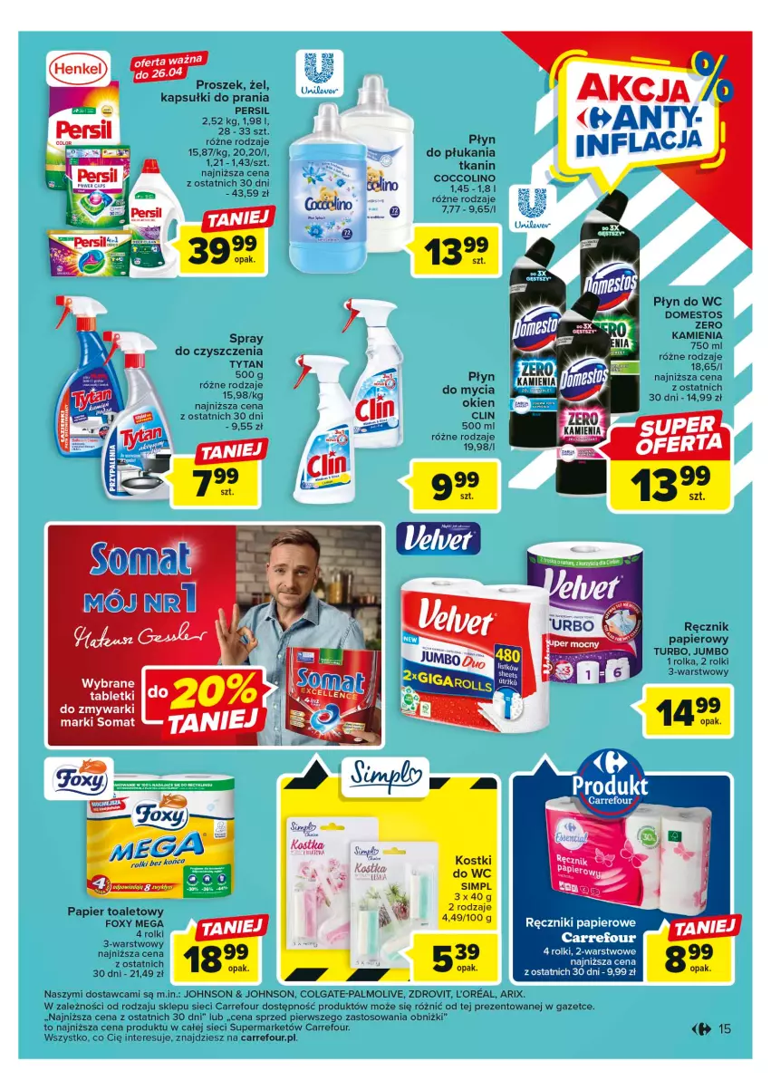 Gazetka promocyjna Carrefour - Gazetka Market - ważna 24.04 do 06.05.2023 - strona 15 - produkty: Clin, Colgate, Domestos, Foxy, Kapsułki do prania, LG, Palmolive, Papier, Papier toaletowy, Persil, Płyn do wc, Ręcznik, Ręczniki papierowe, Rolki, Somat, Tablet, Tytan, Zmywarki