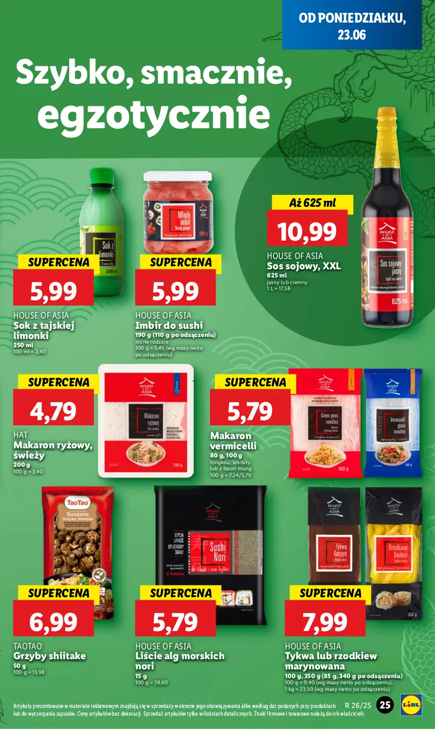 Gazetka promocyjna Lidl - GAZETKA - ważna 23.06 do 25.06.2025 - strona 27 - produkty: Fa, Fasoli mung, Grzyby, Grzyby shiitake, House of Asia, Imbir, LG, Makaron, Makaron ryżowy, Ryż, Sok, Sos, Sos sojowy, Sushi, TaoTao