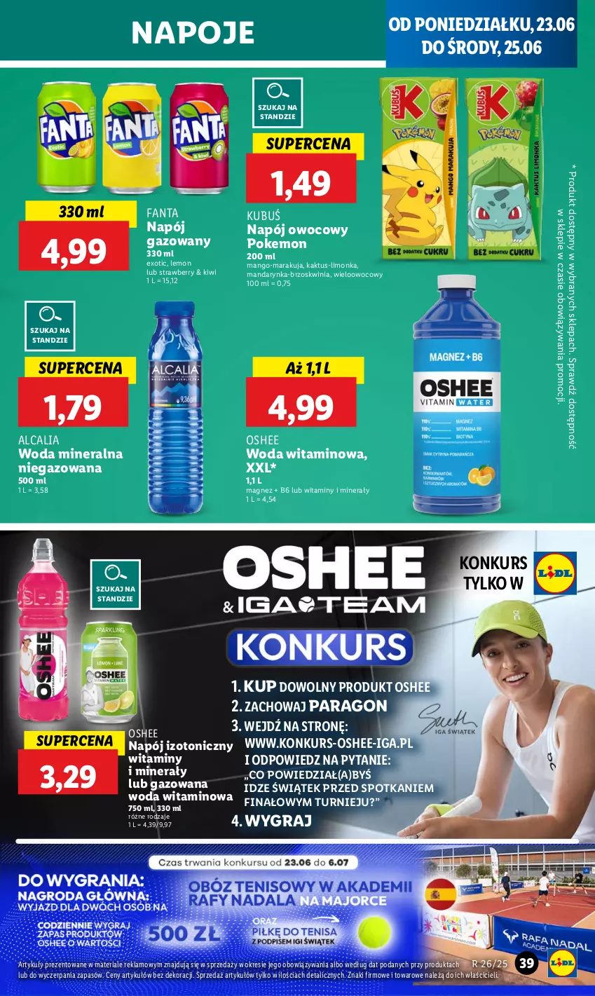 Gazetka promocyjna Lidl - GAZETKA - ważna 23.06 do 25.06.2025 - strona 45 - produkty: Fa, Fanta, Gra, Kaktus, Kiwi, Kubuś, Limonka, Magnez, Mango, Napój, Napój gazowany, Napój izotoniczny, Napoje, Oshee, Woda, Woda mineralna