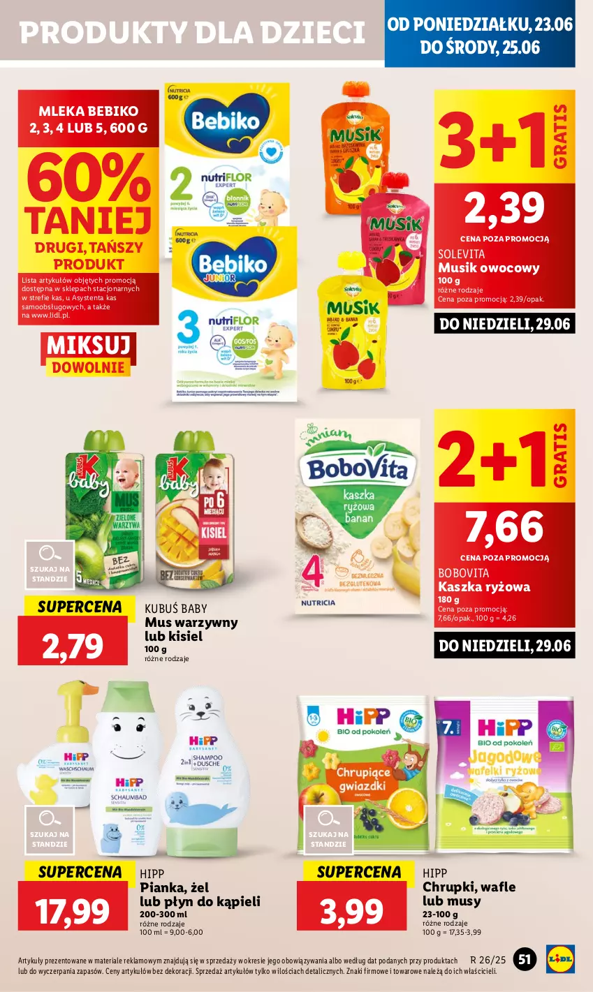 Gazetka promocyjna Lidl - GAZETKA - ważna 23.06 do 25.06.2025 - strona 57 - produkty: Bebiko, BoboVita, Chrupki, Dzieci, Gra, HiPP, Kisiel, Kubuś, Mus, Płyn do kąpieli, Ryż, Wafle