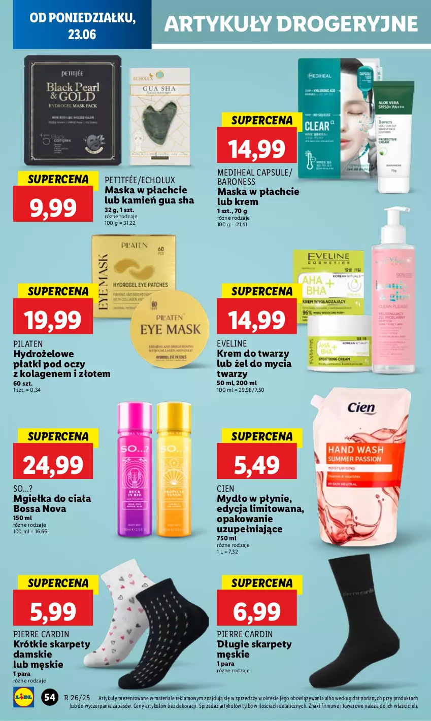 Gazetka promocyjna Lidl - GAZETKA - ważna 23.06 do 25.06.2025 - strona 60 - produkty: Eveline, Hydrożelowe płatki pod oczy, Karp, Kolagen, Krem do twarzy, Maska, Maska w płachcie, Mydło, Mydło w płynie, Pierre Cardin