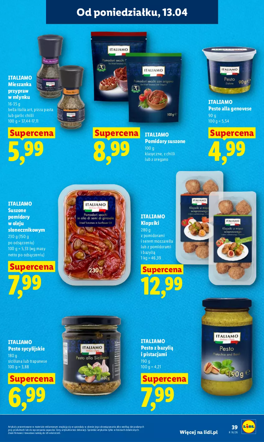 Gazetka promocyjna Lidl - Gazetka ważna od 13.04 do 15.04 - ważna 13.04 do 15.04.2026 - strona 39 - produkty: Bazyl, Bell, Bella, Klopsiki, Mozzarella, Olej, Pesto, Pizza, Pomidory, Ser, Suszone pomidory