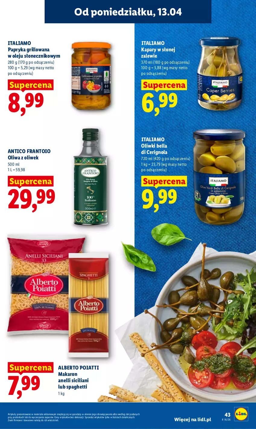 Gazetka promocyjna Lidl - Gazetka ważna od 13.04 do 15.04 - ważna 13.04 do 15.04.2026 - strona 43 - produkty: Bell, Bella, Grill, Kapary, Makaron, Olej, Oliwa z oliwek, Oliwki, Papryka, Papryka grillowana, Spaghetti